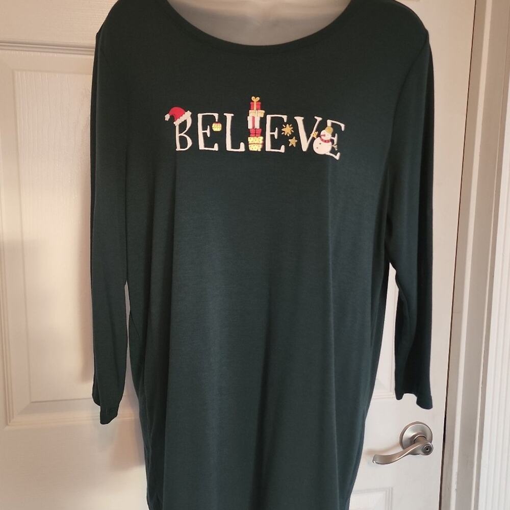 Holiday shirt green with 3/4 sleeves with Believe on front